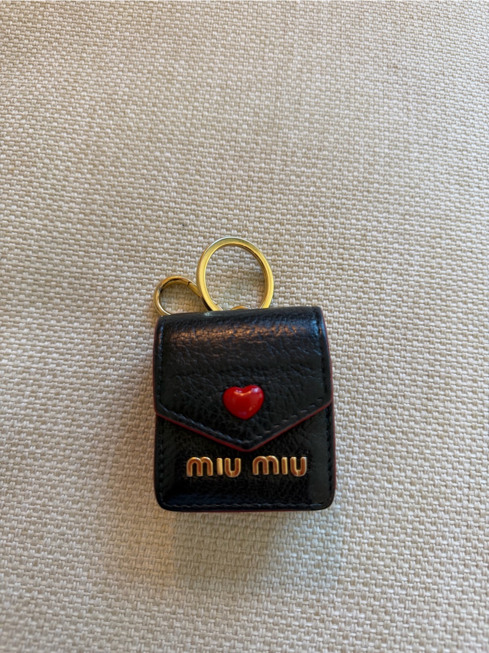 Miu Miu Black Leather AirPods Case with Red Heart and Gold Hardware